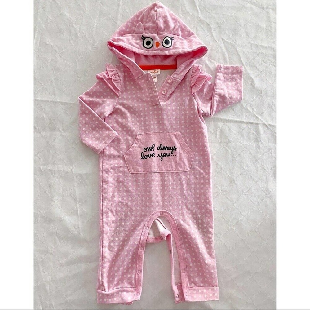 Cat & Jack Baby Girl 6-9M Owl Pink Polka Dot Hooded Long Sleeve Romper